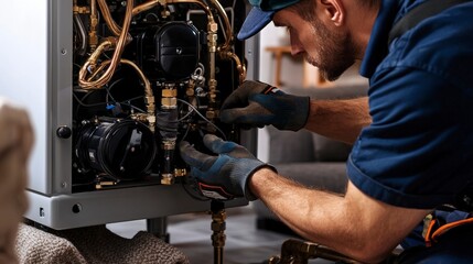 Plumber installing modern heating boiler home repair HVAC system professional service