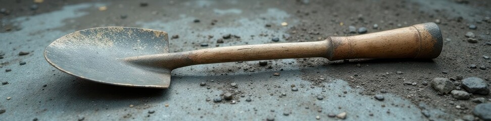 Shovel with cracked handle resting against concrete, concrete, damage