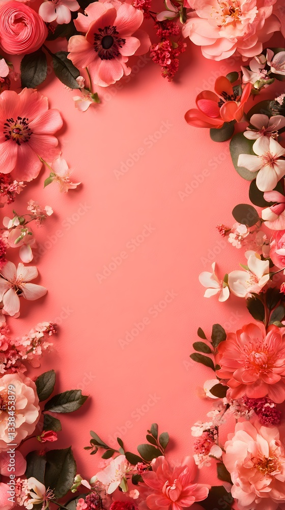 Poster floral frame composition creating a blank space on coral background
