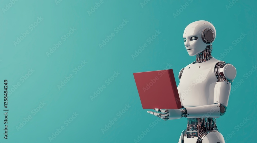 Aufkleber modern robot holding red laptop with futuristic design and vibrant background in studio setting