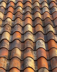 Rustic terracotta roof tiles creating a textured pattern with warm tones and weathered charm architectural detail and durable material