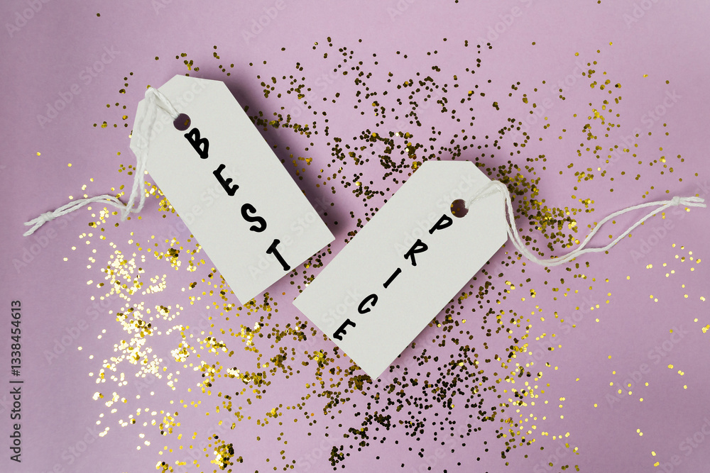 Poster two tags with the word best on them are hanging from a string. the tags are on top of a glittery sur