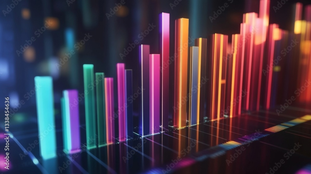 Poster a dynamic d bar chart showcasing fluctuating financial data, featuring glossy bars in different colo