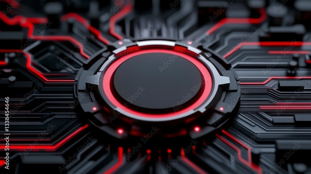 Poster futuristic circuit board with red accents and central circular element on black background