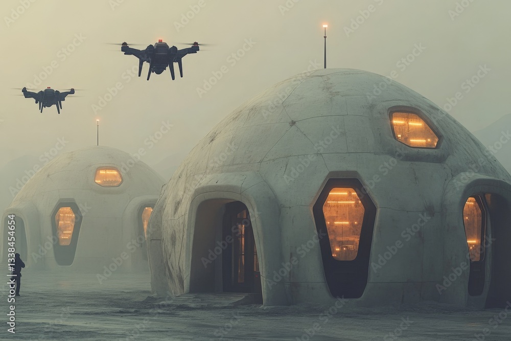 Poster futuristic landscape with drones flying above modern dome structures at dusk in a misty environment