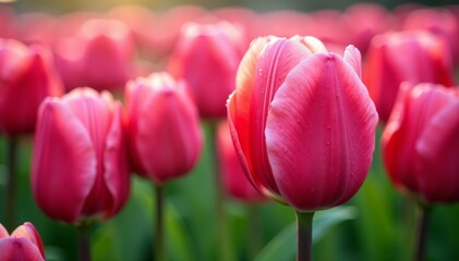 Fototapeta premium Vibrant close-up of pink tulips covered in morning dew, garden, close-up