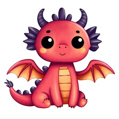 Children's illustration. Cute cartoon red dragon. Baby fire dragon. Fairytale monster.