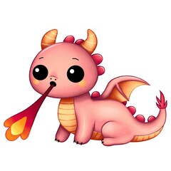 Children's illustration. Cute cartoon pink dragon breathing fire. Baby fire dragon. Fairytale monster.