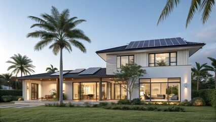 Fototapeta premium A modern, eco-friendly house with solar panels, surrounded by lush palm trees and a spacious lawn, showcasing contemporary architecture.