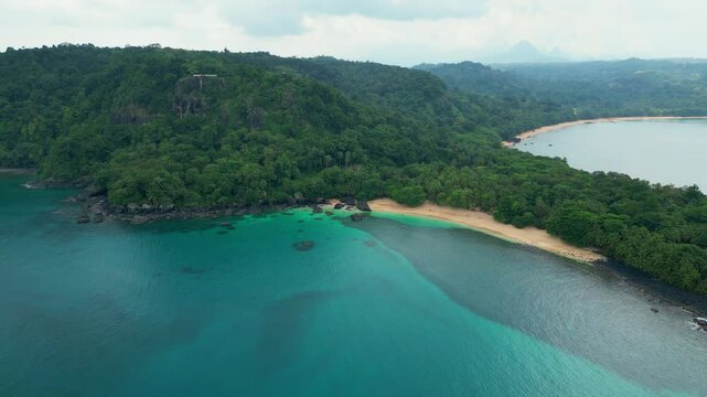 Aerial circular view from Banana beach with Burra beach at background at Ilha do Principe (Prince Island) Sao Tome e Principe, Africa
