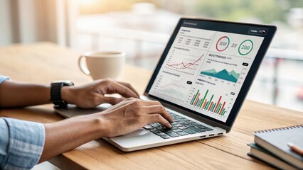 Fototapeta premium A person analyzes data on a laptop, displaying graphs and charts, while enjoying a cup of coffee in a bright, modern workspace.