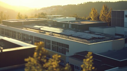 Solar-powered Hospital with Rooftop Energy Panels on a Sunny Day