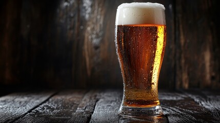 A frosty beer glass with light amber beer and a thick, creamy foam head, placed on a dark wooden surface with condensation highlighting the coldness.