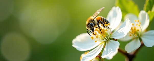 Vibrant image of bee collecting nectar from delicate white prunus blossom, pollination, bee