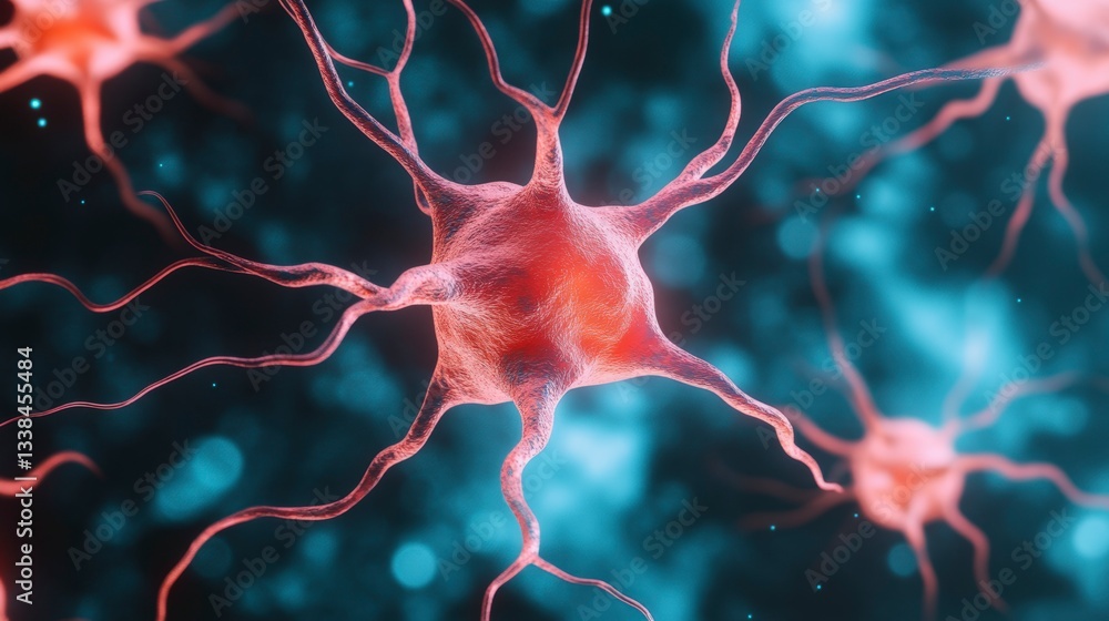 Poster detailed close-up of neuron cell structure with colorful glowing background and fine extensions