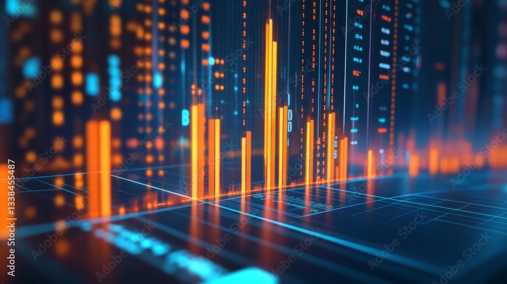 Poster a futuristic d financial bar graph with transparent bars and glowing edges, set against a tech-inspi