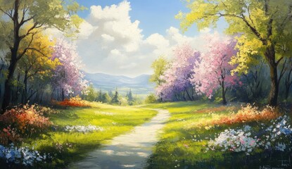 A beautiful painting of trees in the distance, with snow on their branches and green grass beneath them.