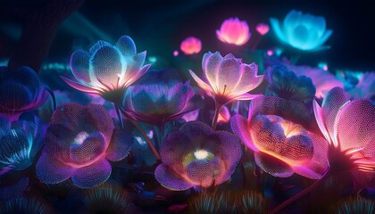 Glowing neon flowers creating surreal spring fantasy scene