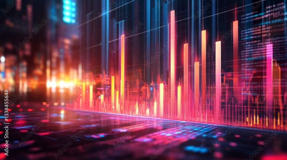 Poster a futuristic d financial bar graph with transparent bars and glowing edges, set against a tech-inspi