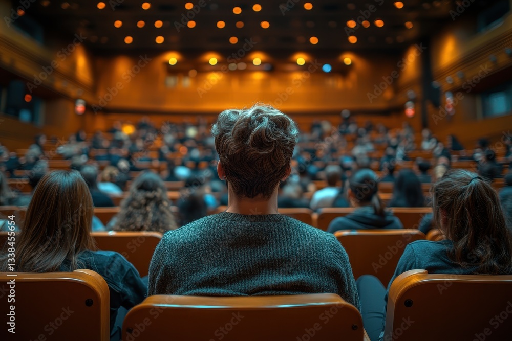 Poster audience engagement in a lecture hall during a university event in the evening