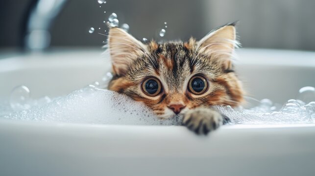 A cute scene of a cat peering over the edge of a bathtub filled with bubbles, with its face partially submerged and a look of curiosity on its face.