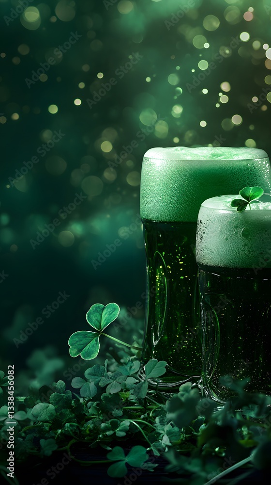 Poster two green beers celebrating saint patrick's day with shamrocks and bokeh effect