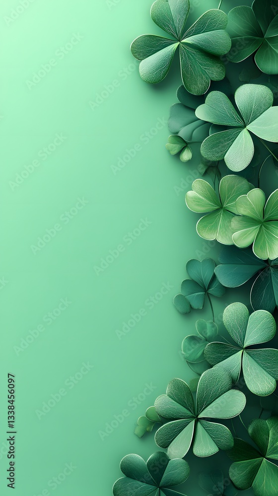 Poster green clover leaves forming a vertical border on a plain background