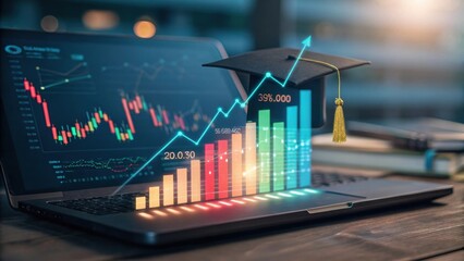 A laptop displays financial data with a graduation cap, symbolizing the connection between education and economic growth.