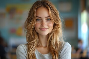 Obraz premium Young woman with long hair smiles warmly while standing in a casual indoor setting filled with soft colors