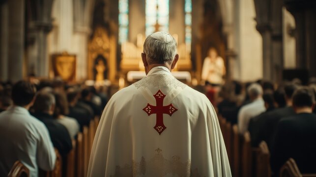 Pope leads a prayer service in a historic church filled with attendees during a solemn occasion in the afternoon