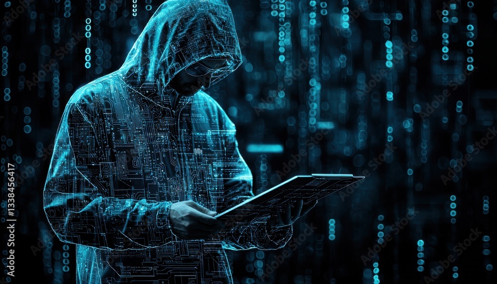 Poster a figure in a hooded jacket interacts with a digital tablet, surrounded by a backdrop of glowing blu