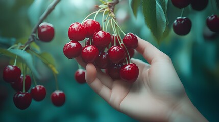 A hand gently holding a bunch of ripe cherries, with a backdrop of a cherry tree heavy with fruit 