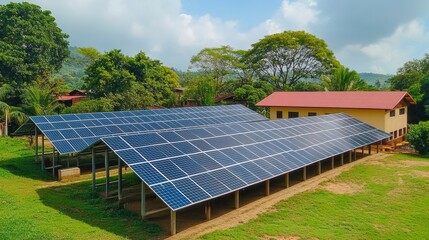 Solar panels installed on rural school providing electricity.