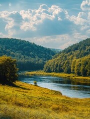 Fototapeta premium A serene river flows through a dense and vibrant green forest, surrounded by tall trees