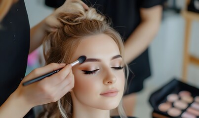 Fototapeta premium a beautiful girl in a beauty salon getting makeup done, Generative AI