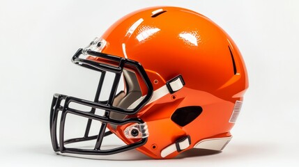 Side view of bright orange american football helmet isolated on white background, protective sports equipment used in professional and college tackle football for athlete safety and concussion prevent
