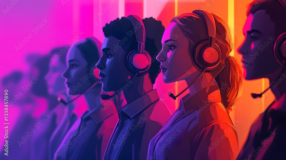Poster Customer service representatives working in a neon-lit call center