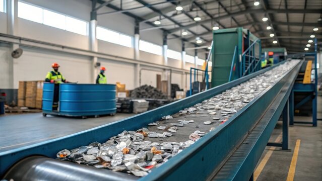 A conveyor belt filled with crushed metal cans in a recycling facility, showcasing workers in safety gear actively sorting materials. - Powered by Adobe