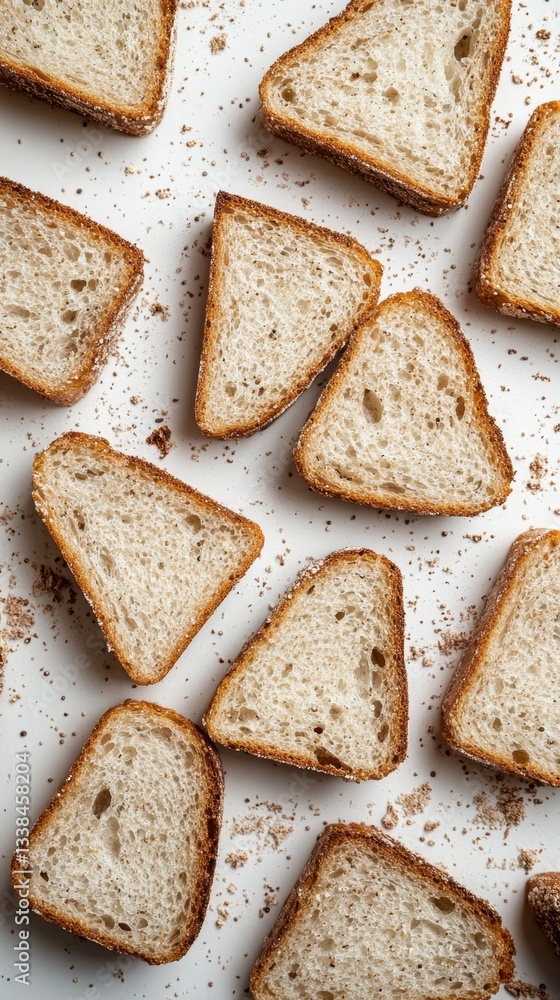 Poster artistic close up of toasted bread slices on white background creating a visually appealing food pat