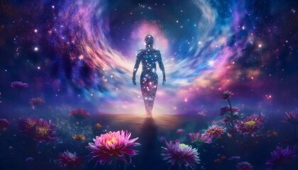 Obraz premium Spiritual silhouette walking towards swirling galaxy in starry night sky with flowers in foreground