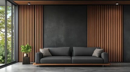 Modern living room interior with gray sofa wooden slat wall and lush green plant near window