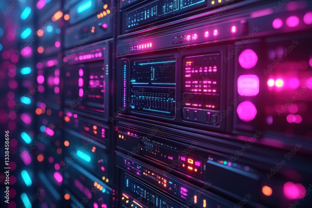 Poster illuminated server racks displaying vibrant colors in a modern data center filled with advanced tech
