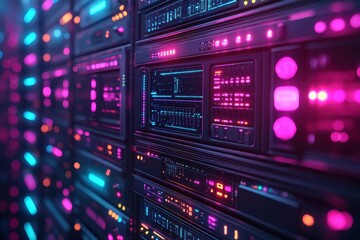 Illuminated server racks displaying vibrant colors in a modern data center filled with advanced technology