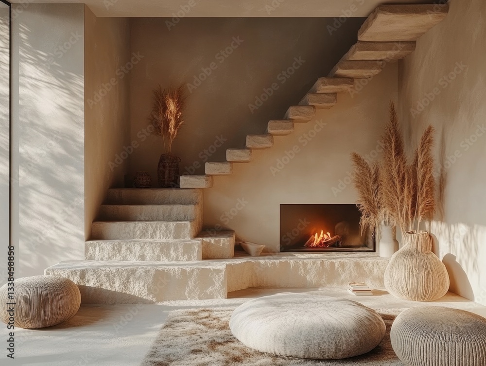 Poster serene interior design with stone steps fireplace and pampas grass creating a warm and inviting atmo