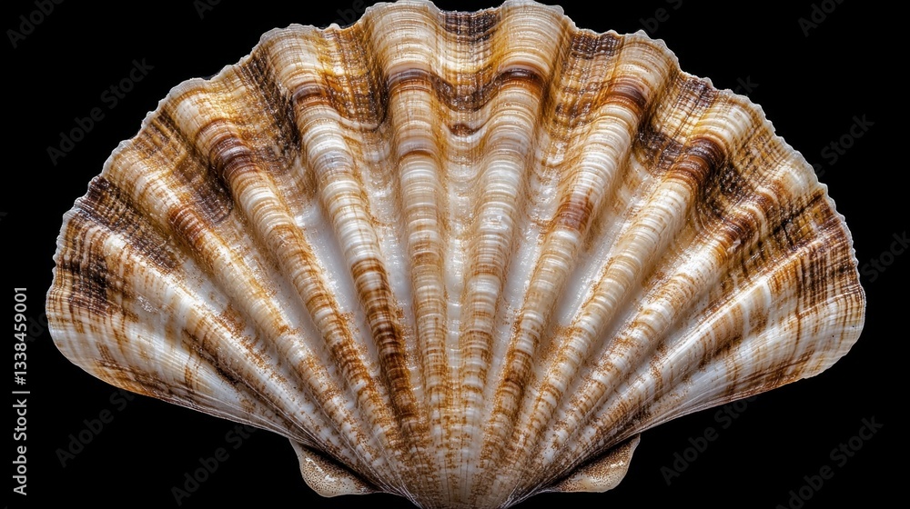 Poster captivating close up of a scallop shell showcasing intricate patterns and textures against a stark b