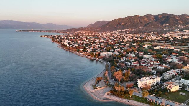 Aerial shot of the coast of Rio during sunset, Greece Peloponnese, Patras