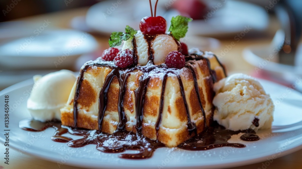Poster a mouthwatering display of honey toast with rich chocolate drizzle, served with a side of ice cream,