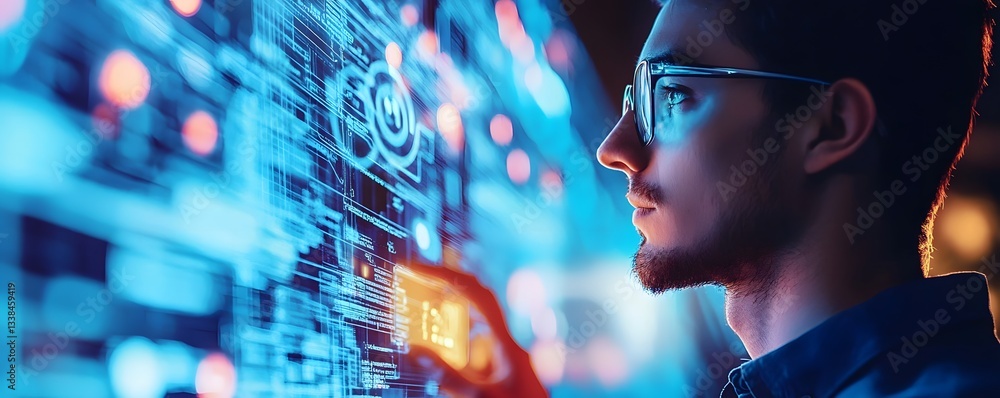 Aufkleber Software developer analyzing code on futuristic holographic interface