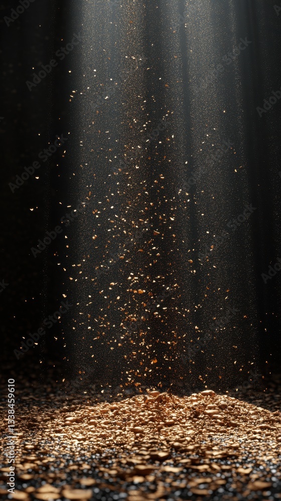 Poster enchanting cascade of golden particles falling gracefully in a dark space creating a captivating and
