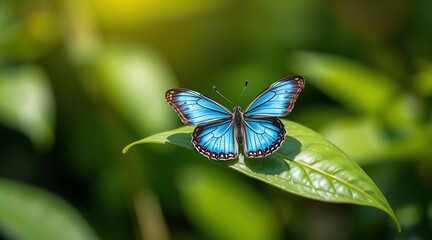 Blue Butterfly on Green Leaf